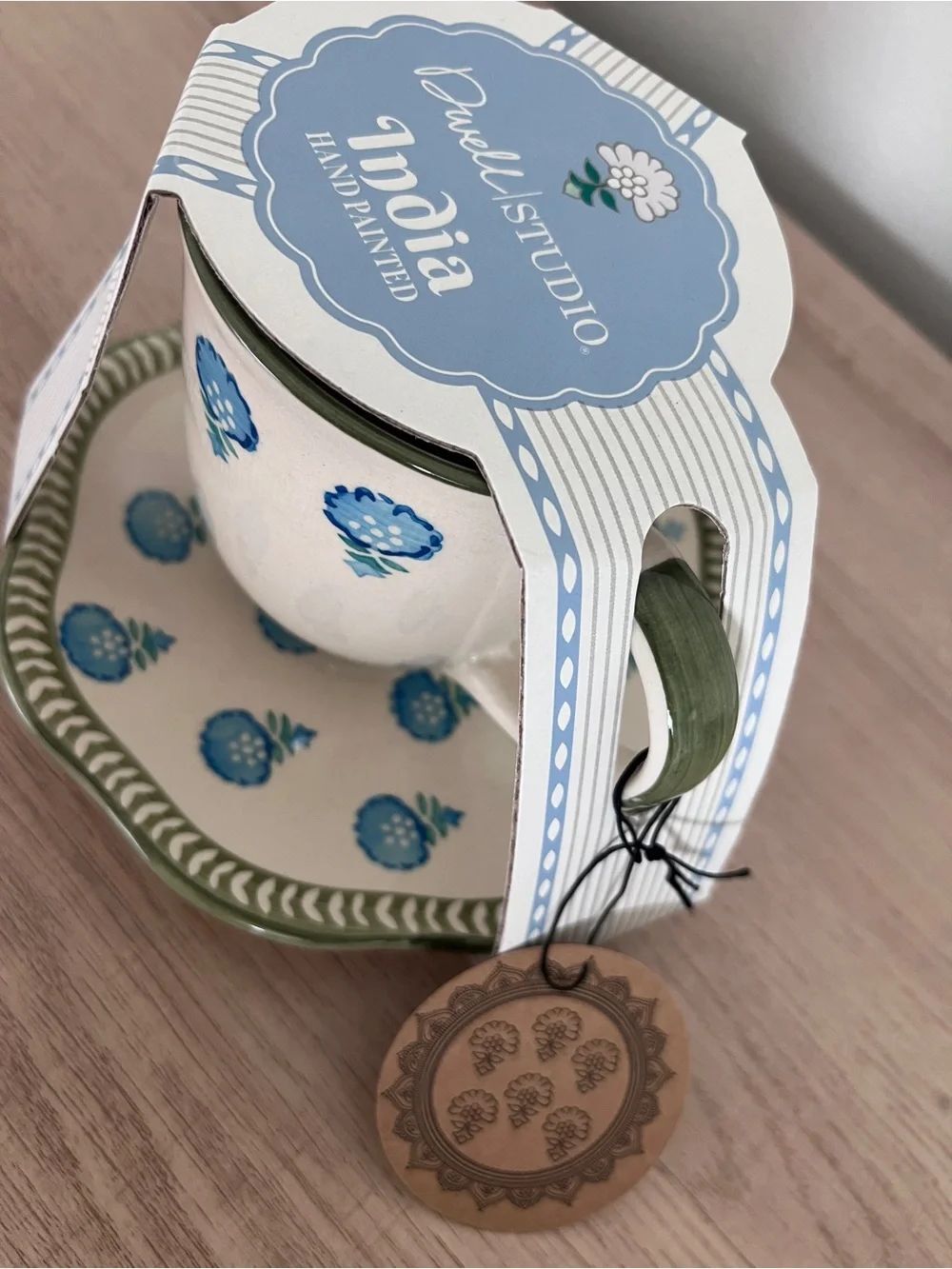 Dwell Studio India Hand Painted Coffee Mug Plate Set Floral Blue Ceramic NWT - Picture 2 of 9